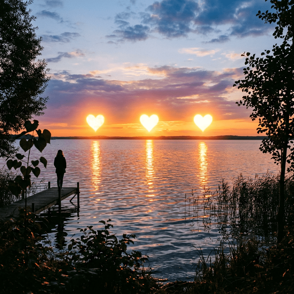 Silhouette of a person standing on a dock at lake during sunset with three glowing heart shapes on the water
