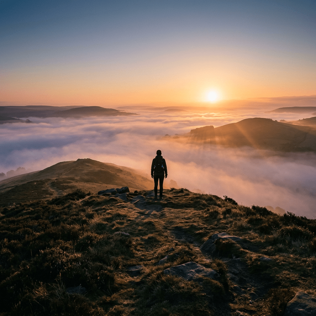 Person standing on a hilltop facing sunrise above fog-covered valleys