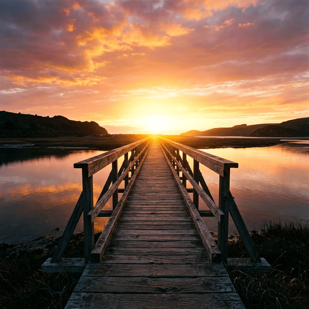 Wooden pedestrian bridge over reflective water towards bright sunset.