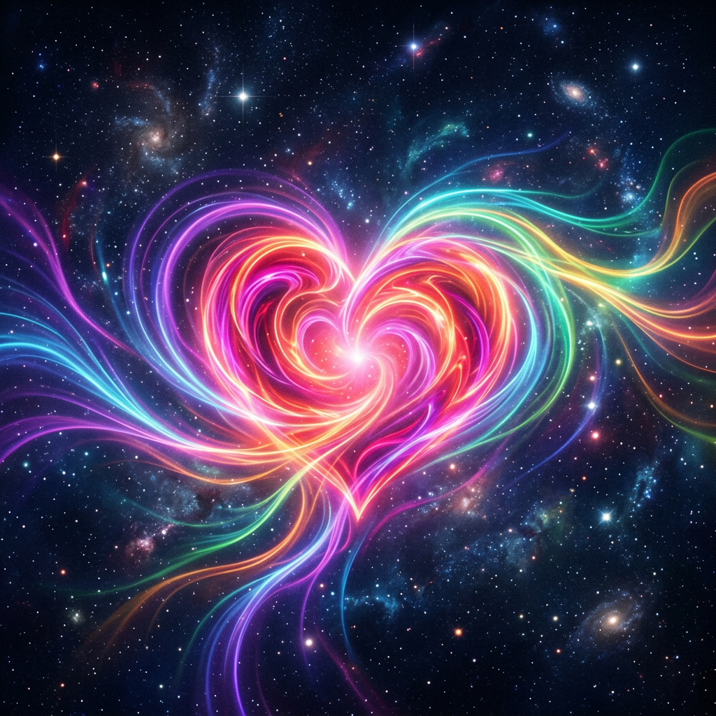 Bright multicolored heart-shaped light swirl in starry cosmic background