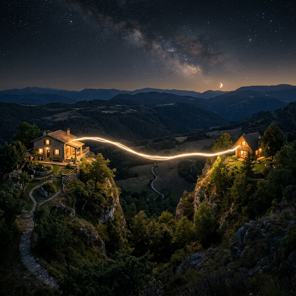 Two illuminated houses on mountain cliffs linked by a glowing light trail under starry sky