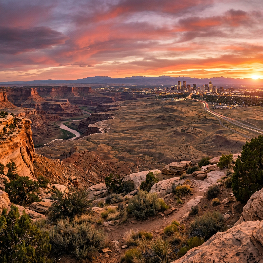 Canyon landscape with winding river and distant city skyline at sunset