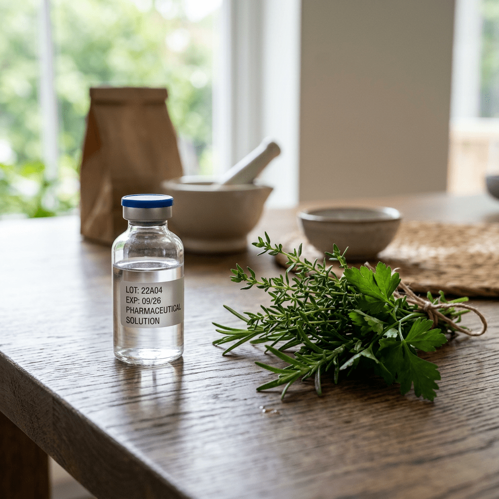 Vial labeled pharmaceutical solution next to fresh herbs on a wooden table