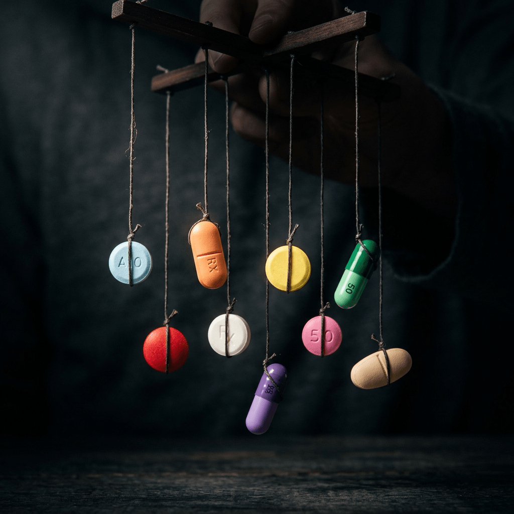 Different colored pills hanging from strings controlled by a hand