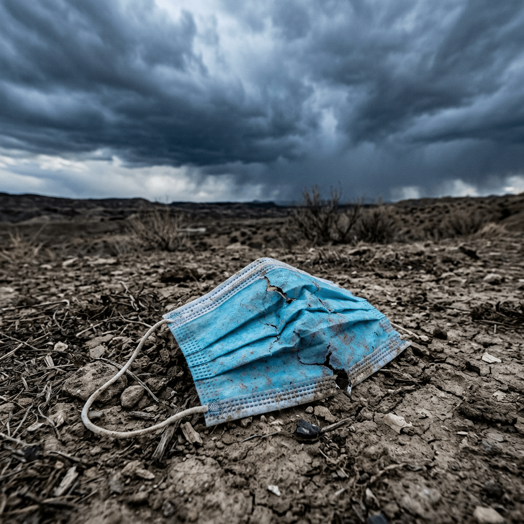 Torn and dirty blue face mask on dry cracked soil with storm clouds