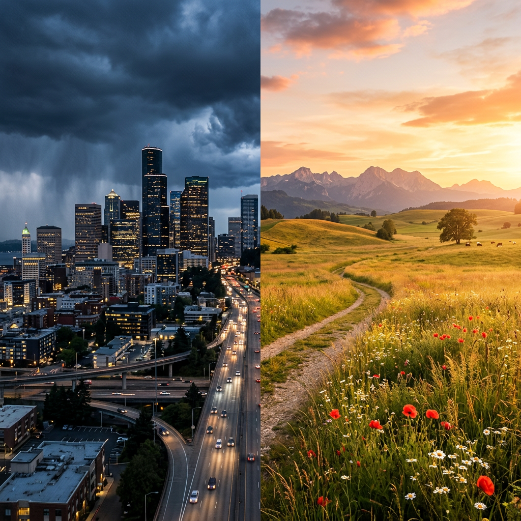 Left side dark city skyline under stormy clouds; right side sunny countryside with winding path and mountains