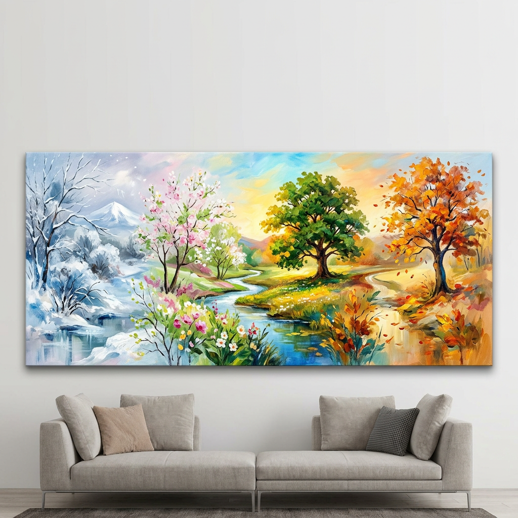 Painting showing four trees representing the seasons with a river flowing through snowy, blossoming, green, and autumnal landscapes.