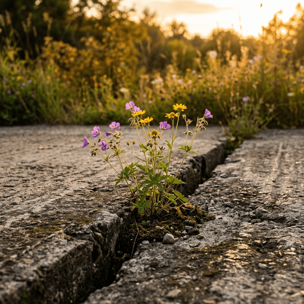 Purple and yellow wildflowers growing through a crack in concrete pavement