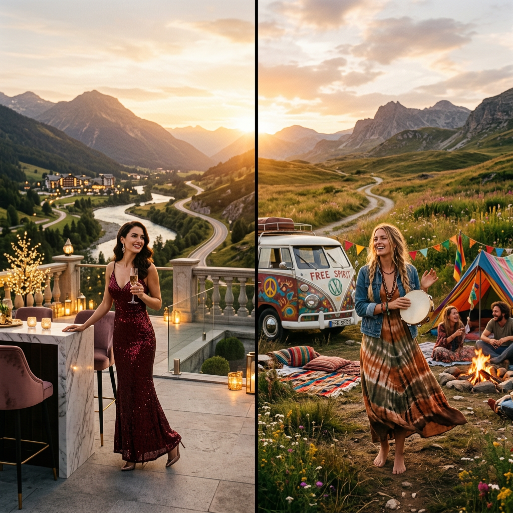 Woman in elegant dress with champagne on terrace and woman playing tambourine by campfire with colorful van and tents