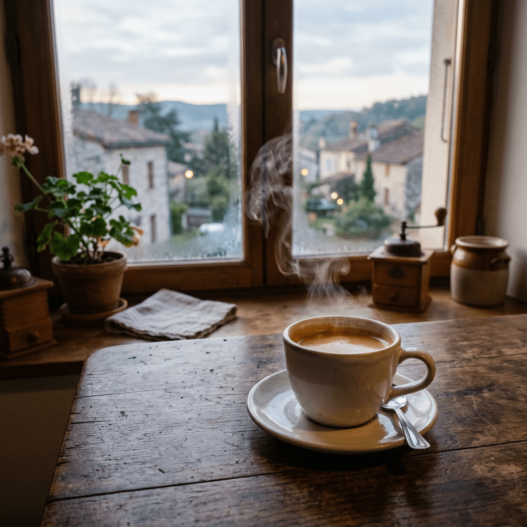 Steaming cup of coffee on a saucer with a spoon on a wooden table by a window showing a village outside