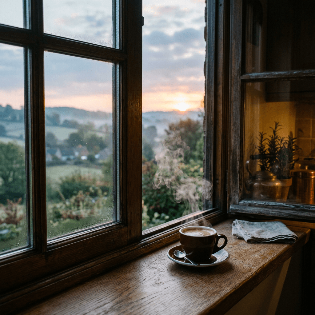 Steaming cup of coffee on wooden windowsill with sunrise over countryside in background