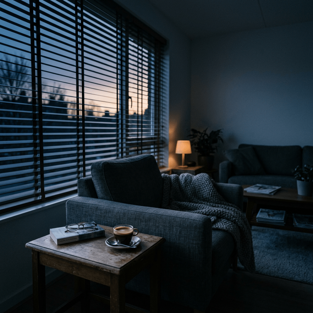 Armchair with blanket next to a table holding coffee cup and glasses by window