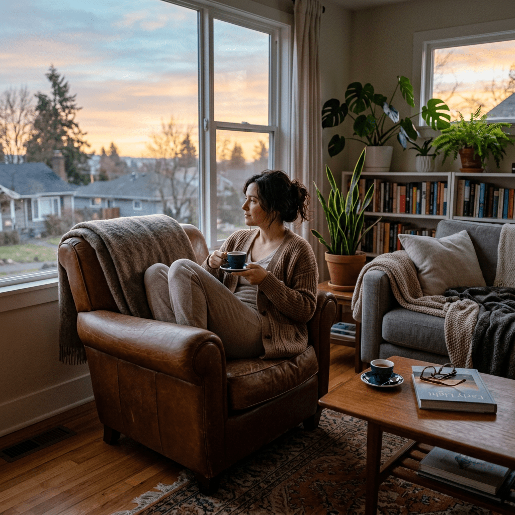 Woman sitting in leather armchair sipping coffee while looking out window