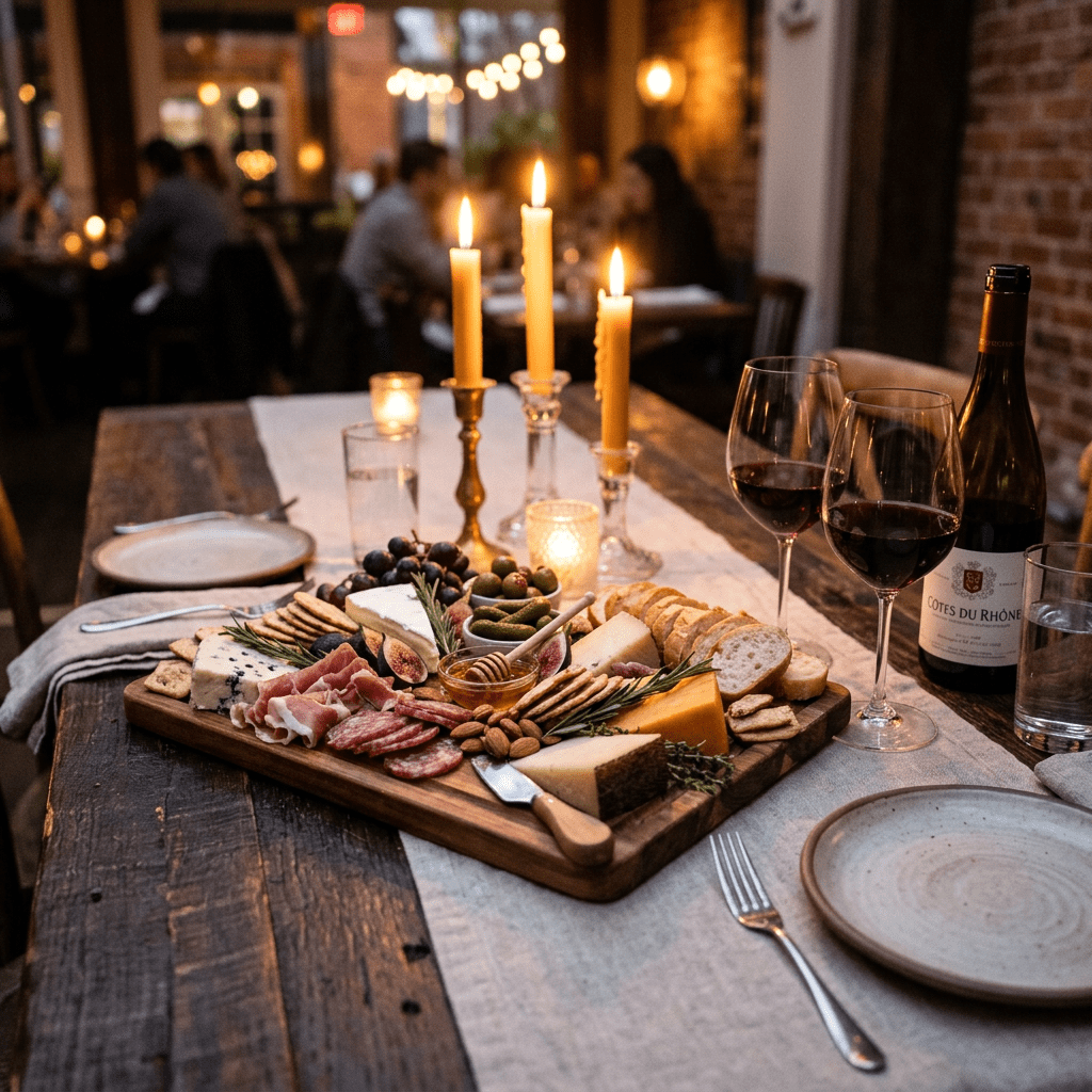 Charcuterie board with cheese, cured meats, grapes, nuts, bread, and two glasses of red wine on a rustic wooden table with lit candles
