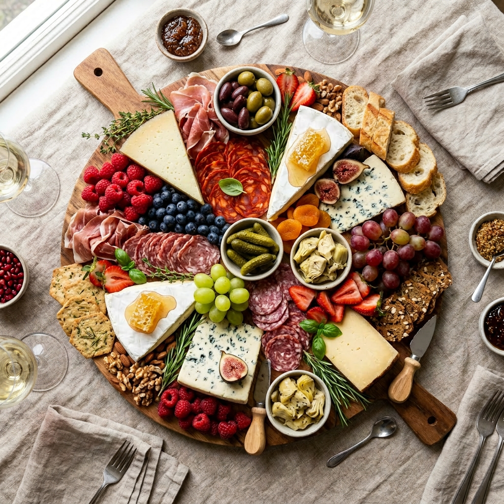 Elegant charcuterie board with wine Charcuterie board with cheeses, cured meats, fruits, nuts, crackers, olives, and pickles