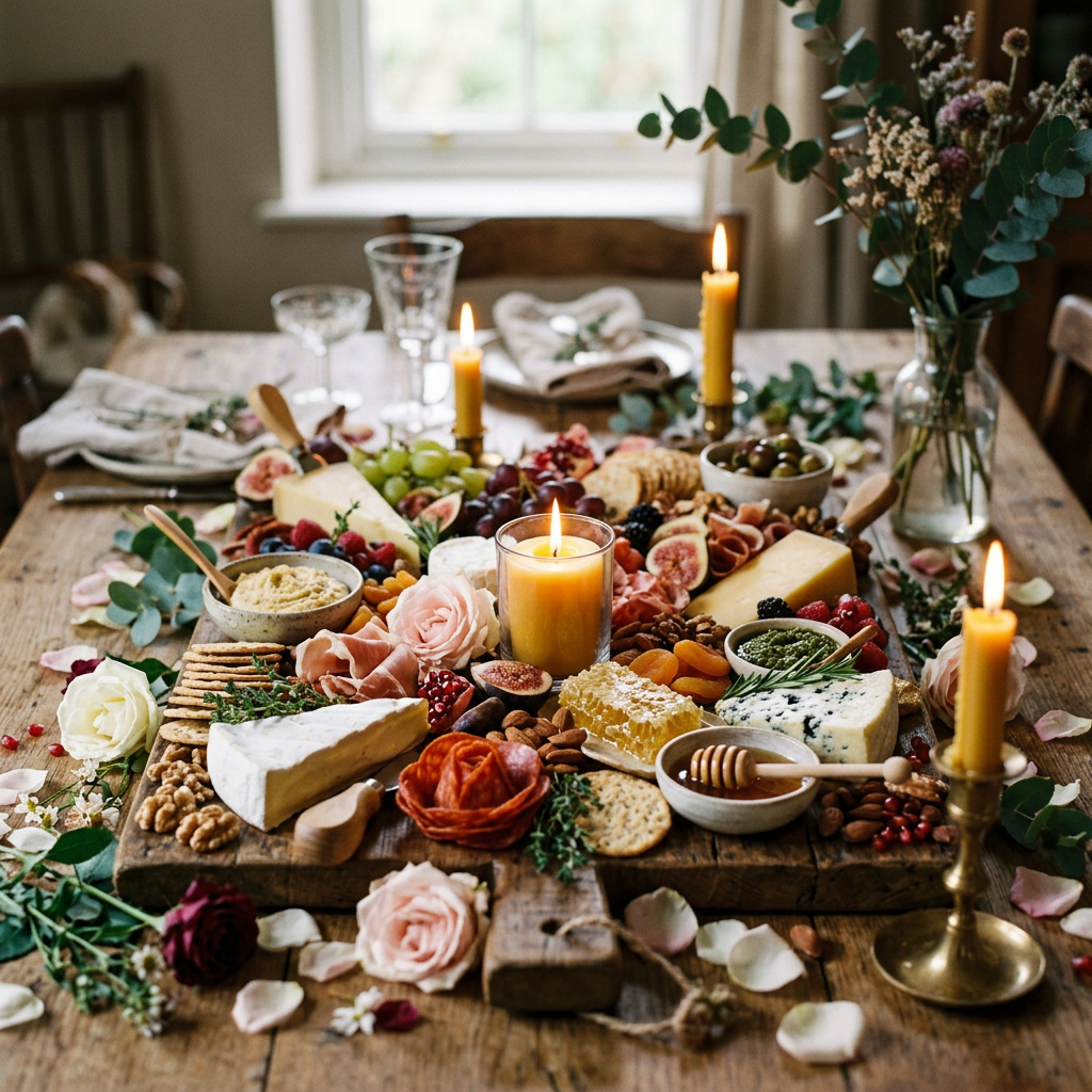 Rustic wooden board with assorted cheeses, charcuterie, fruits, nuts, honey, and candles