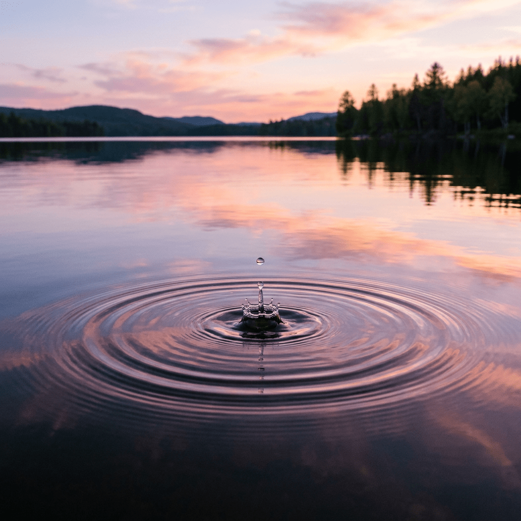 Water droplet creating ripples on a lake at sunset with reflected sky and distant tree line