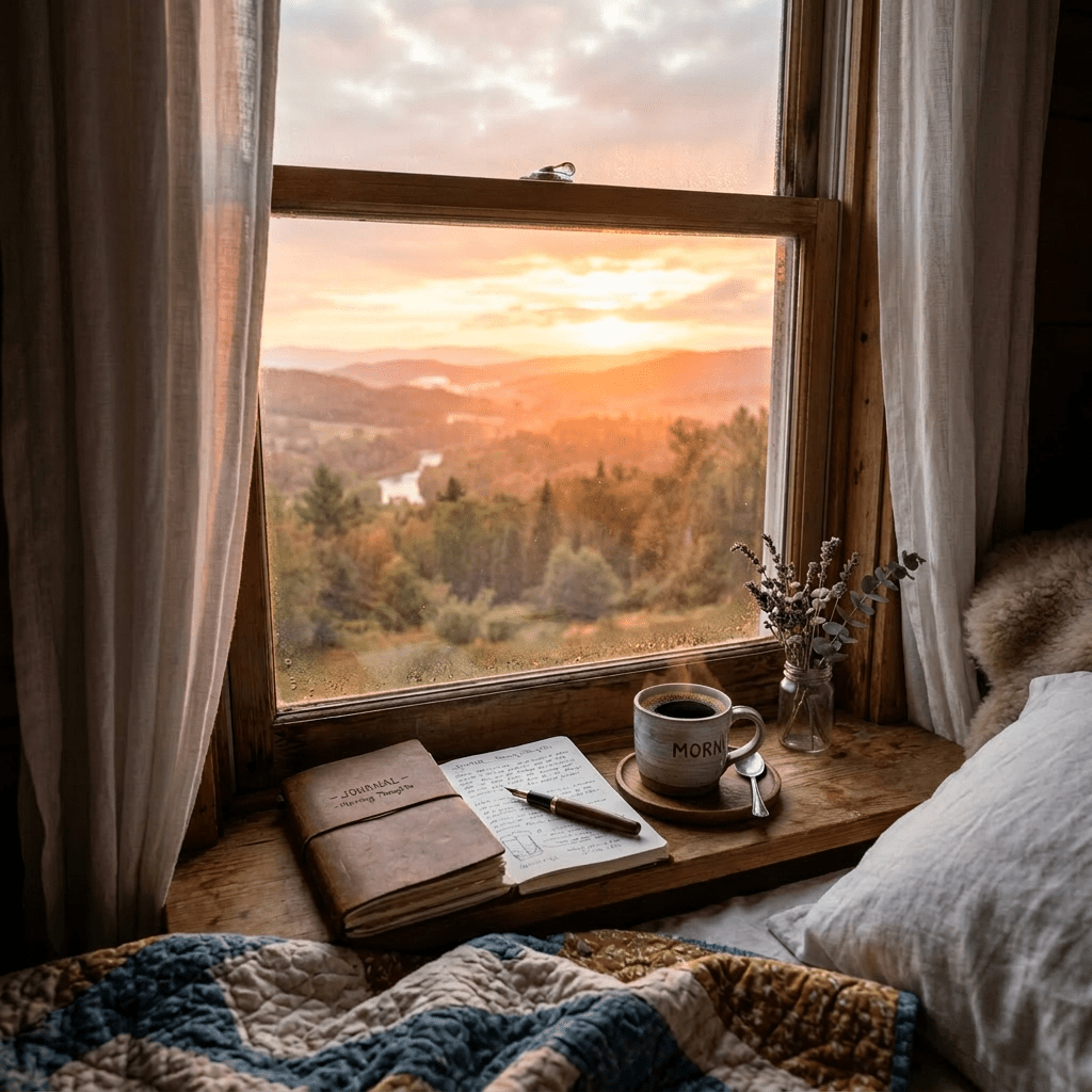 Journal, pen, steaming coffee cup, and vase on a windowsill with sunrise over mountains