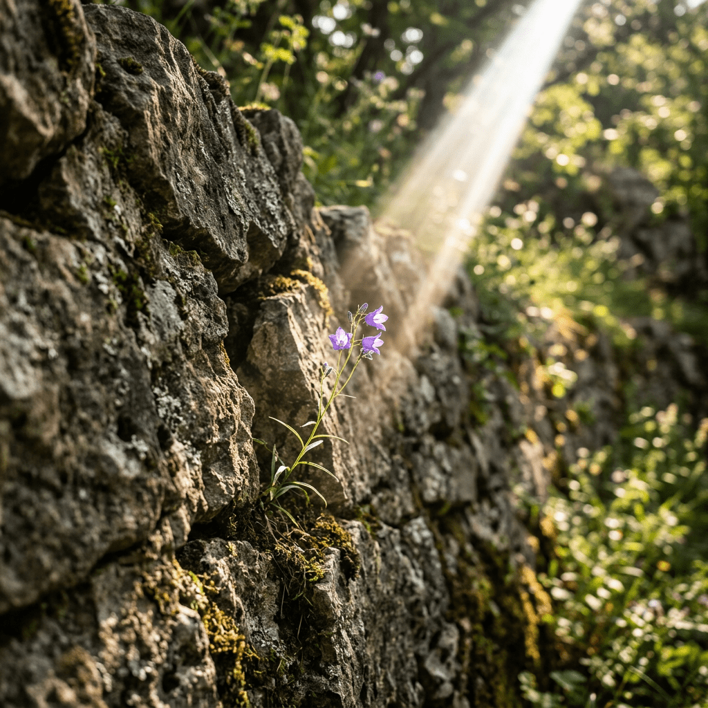 Purple wildflower growing out of a crevice in a moss-covered stone wall with sunbeam