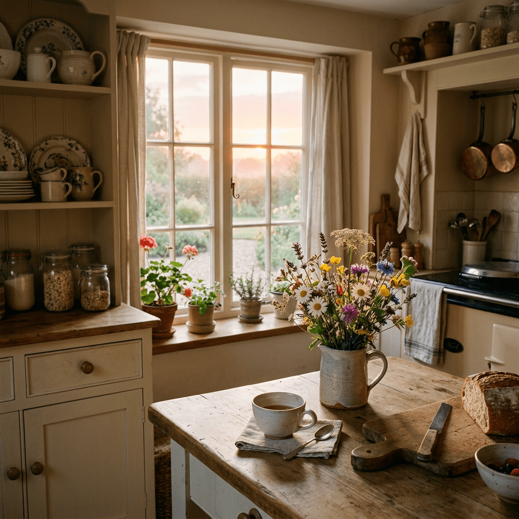 Rustic kitchen interior with wooden table, wildflower bouquet, cup of tea, bread, and window showing morning sunlight