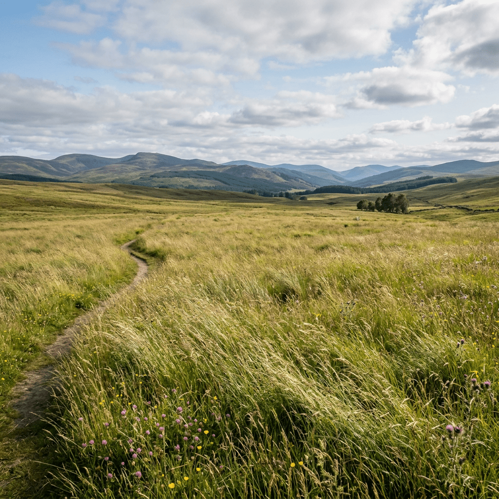 Narrow dirt path winding through tall green grass towards distant hills under a blue sky with scattered clouds