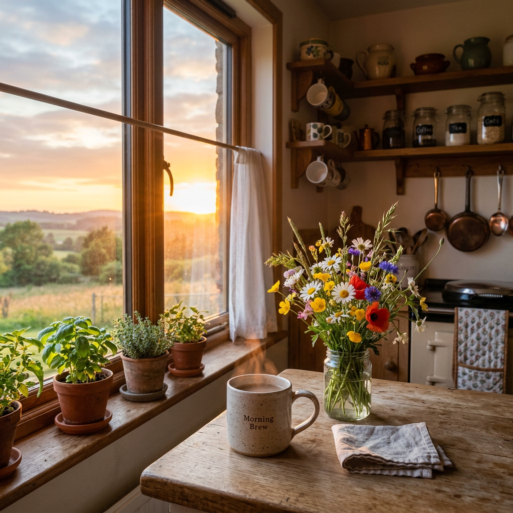Rustic kitchen table with steaming coffee mug labeled Morning Brew and jar of wildflowers by a window overlooking a sunrise landscape