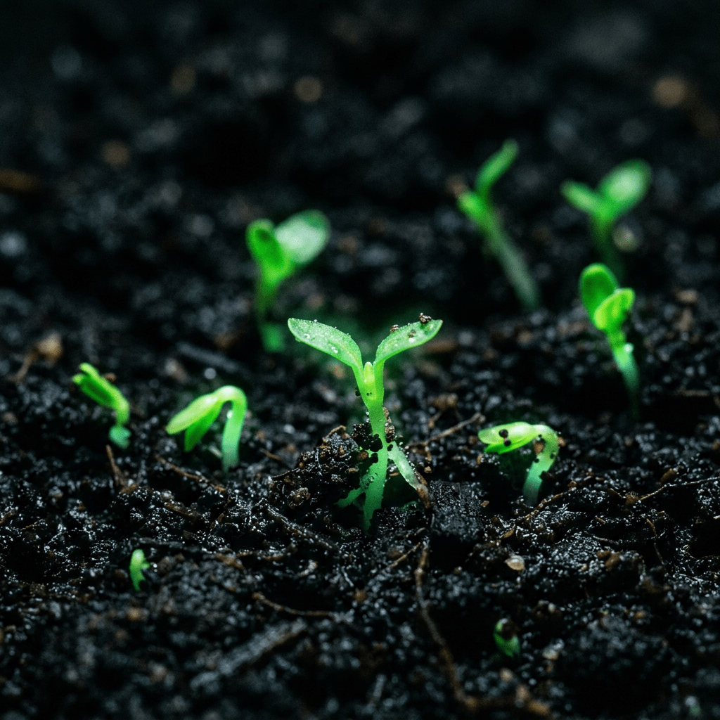 Green seedlings emerging from moist dark soil