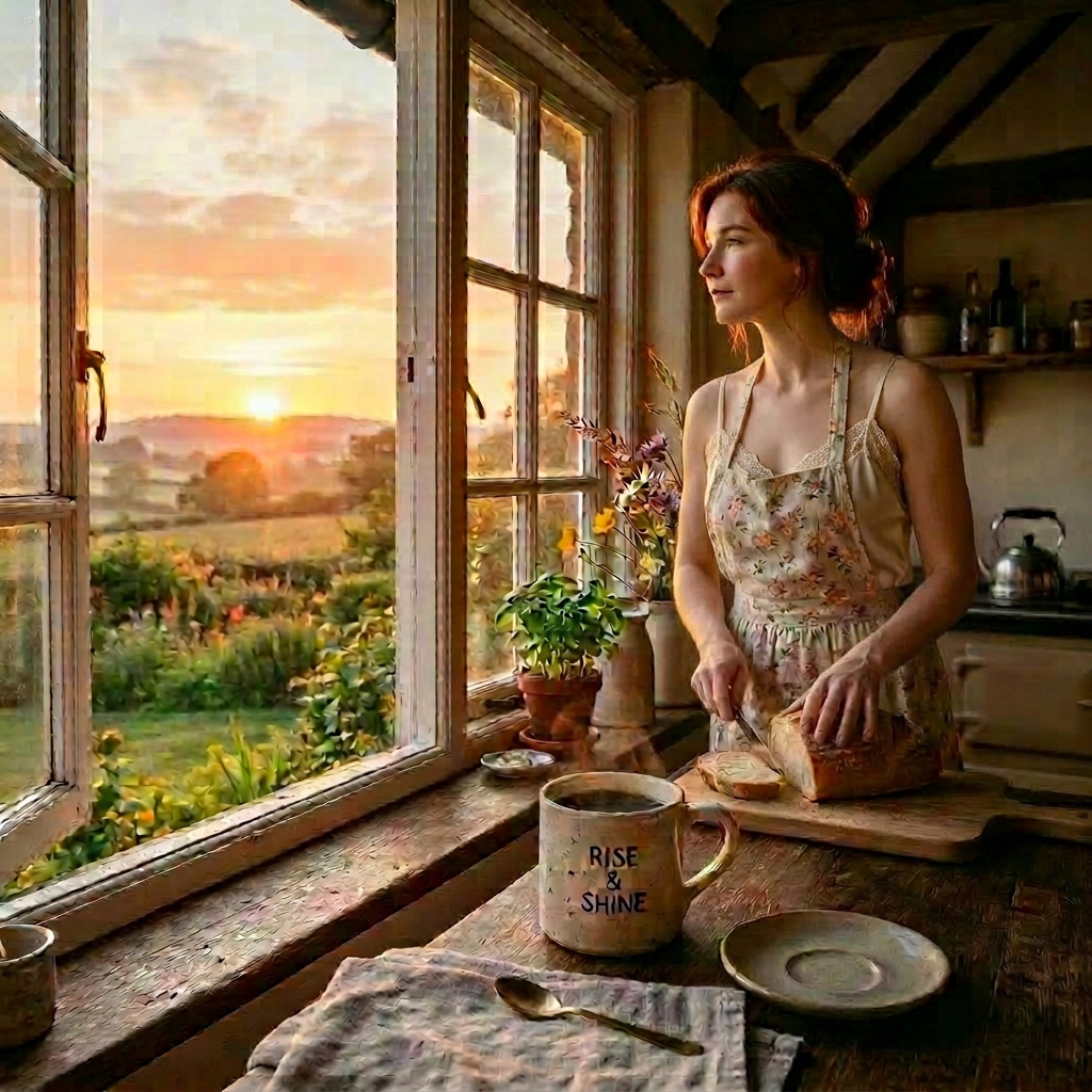 Rustic kitchen table with coffee mug reading 'RISE & SHINE', bouquet of wildflowers, and loaf of bread near an open window showing sunrise