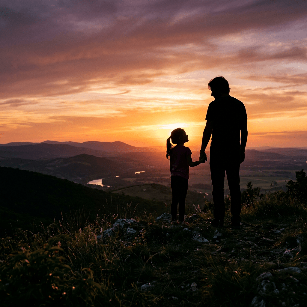 Silhouettes of a father and daughter holding hands at sunset on a hill overlooking a river and distant mountains