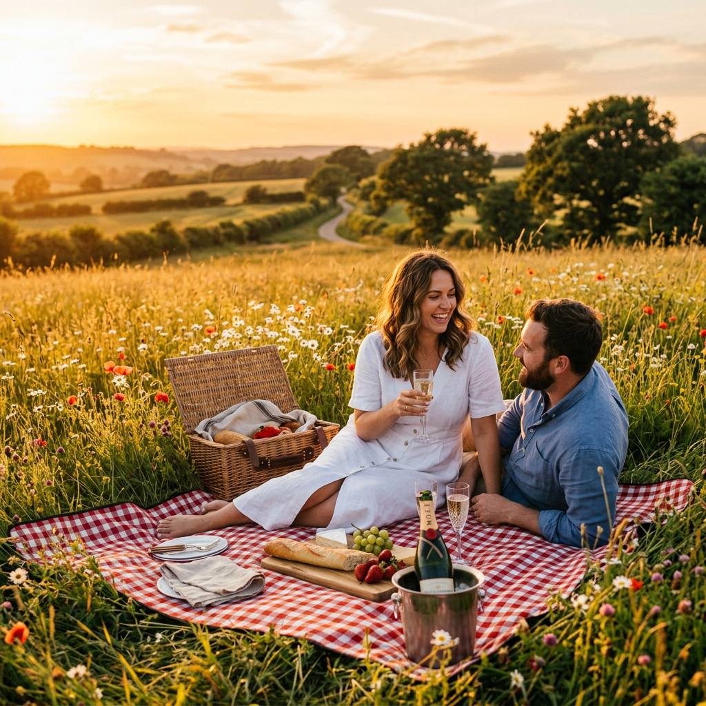 Couple sitting on red checkered blanket having a picnic in a wildflower meadow at sunset