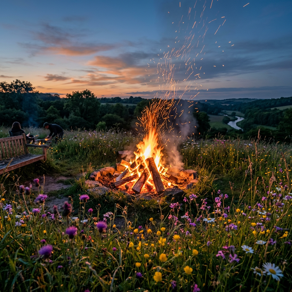 Bonfire burning in a stone fire pit surrounded by wildflowers and grassy meadow at sunset