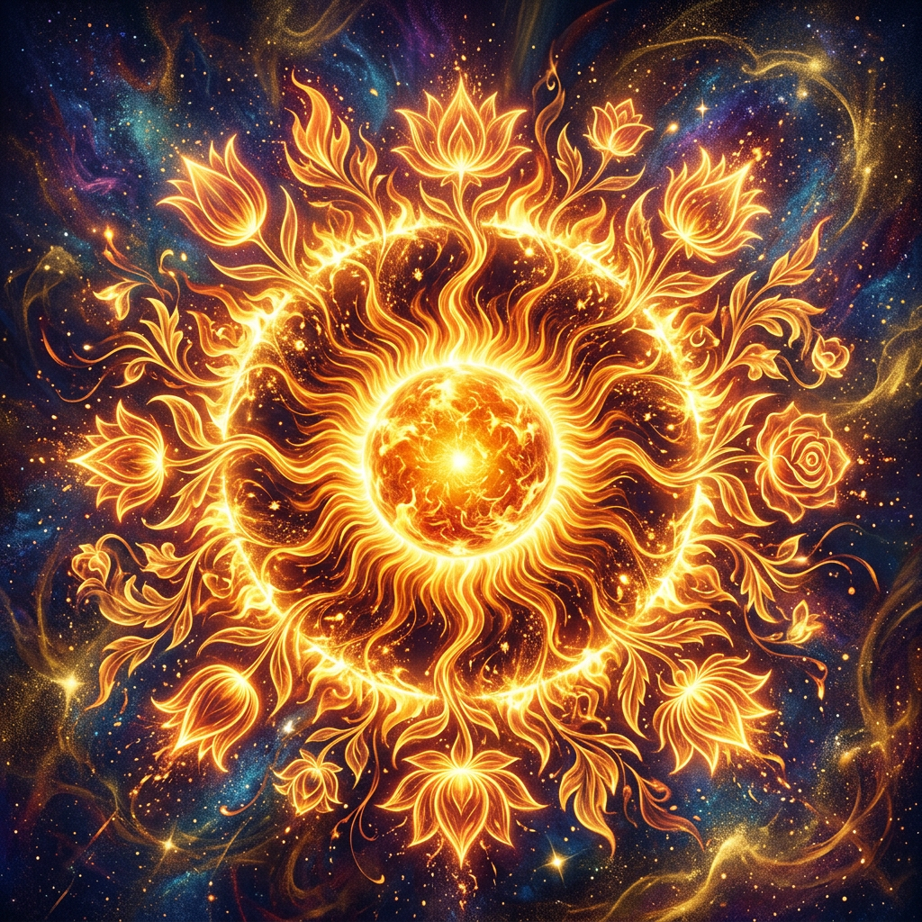 Radiant sun with flowing flames and glowing flowers against a starry space background