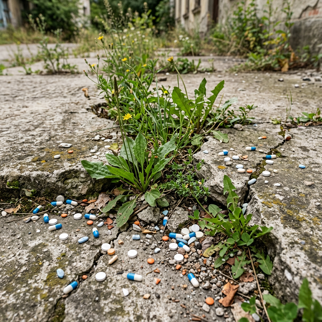 Scattered blue, white, orange, and beige pills on cracked concrete with green weeds growing between the cracks.