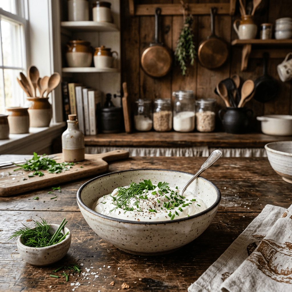 Bowl of creamy herb dip garnished with fresh herbs and pepper on a wooden table