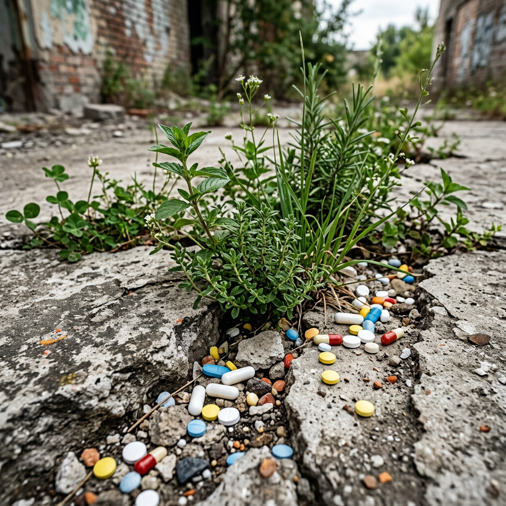 Green plants growing through cracks in pavement with assorted pills scattered around
