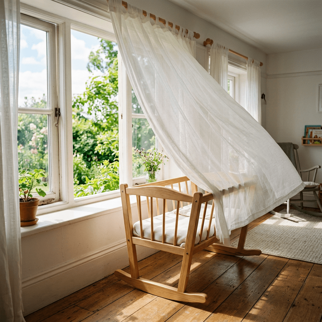 Wooden rocking cradle near large window with white sheer curtains flowing