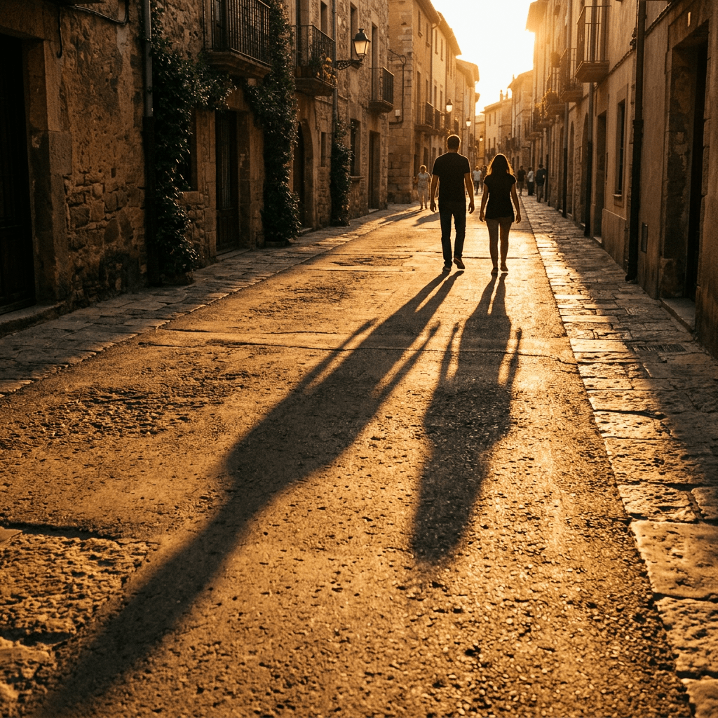 Two people walking on a sunlit cobblestone street with long shadows