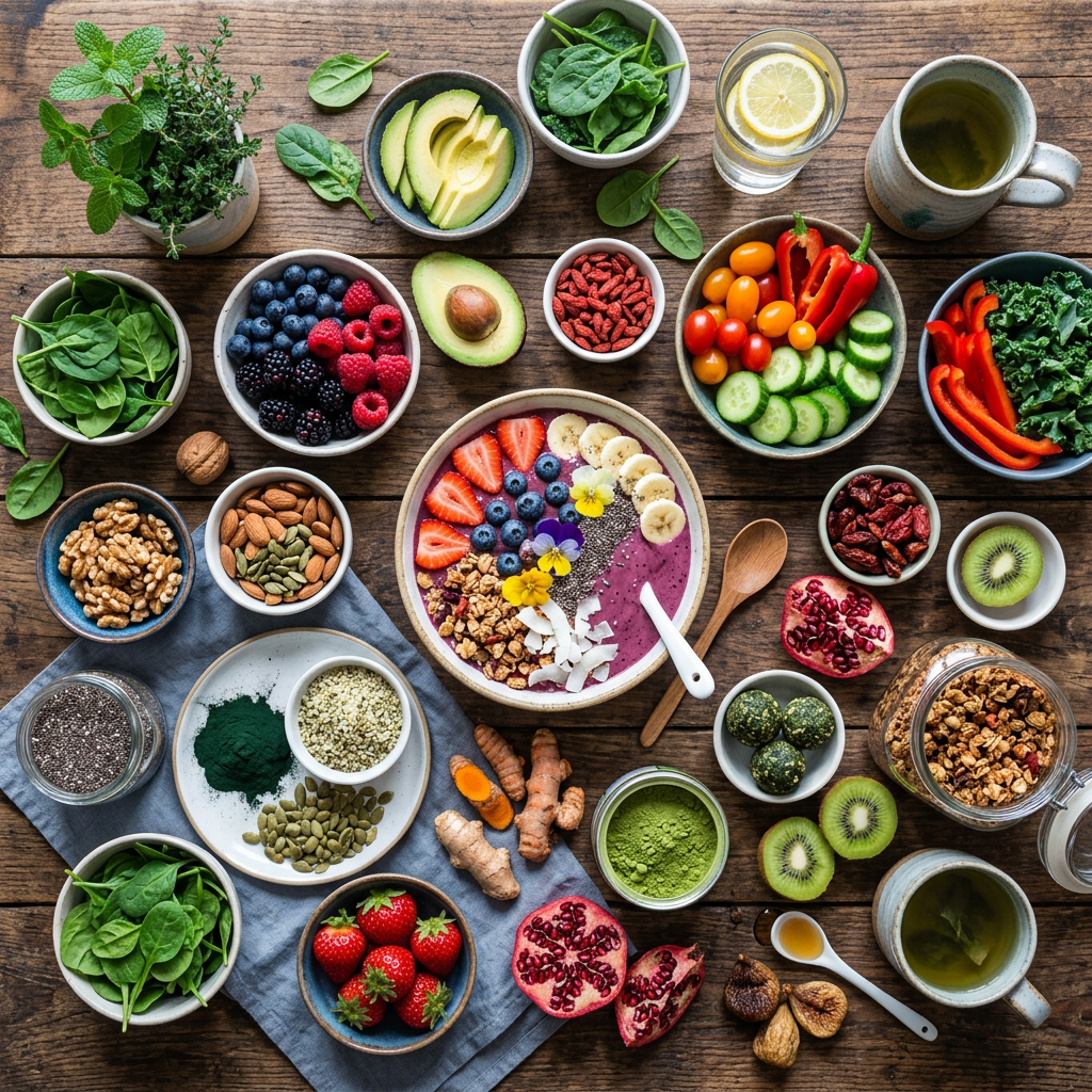 Assorted bowls and plates filled with fresh fruits, vegetables, nuts, seeds, and a smoothie bowl