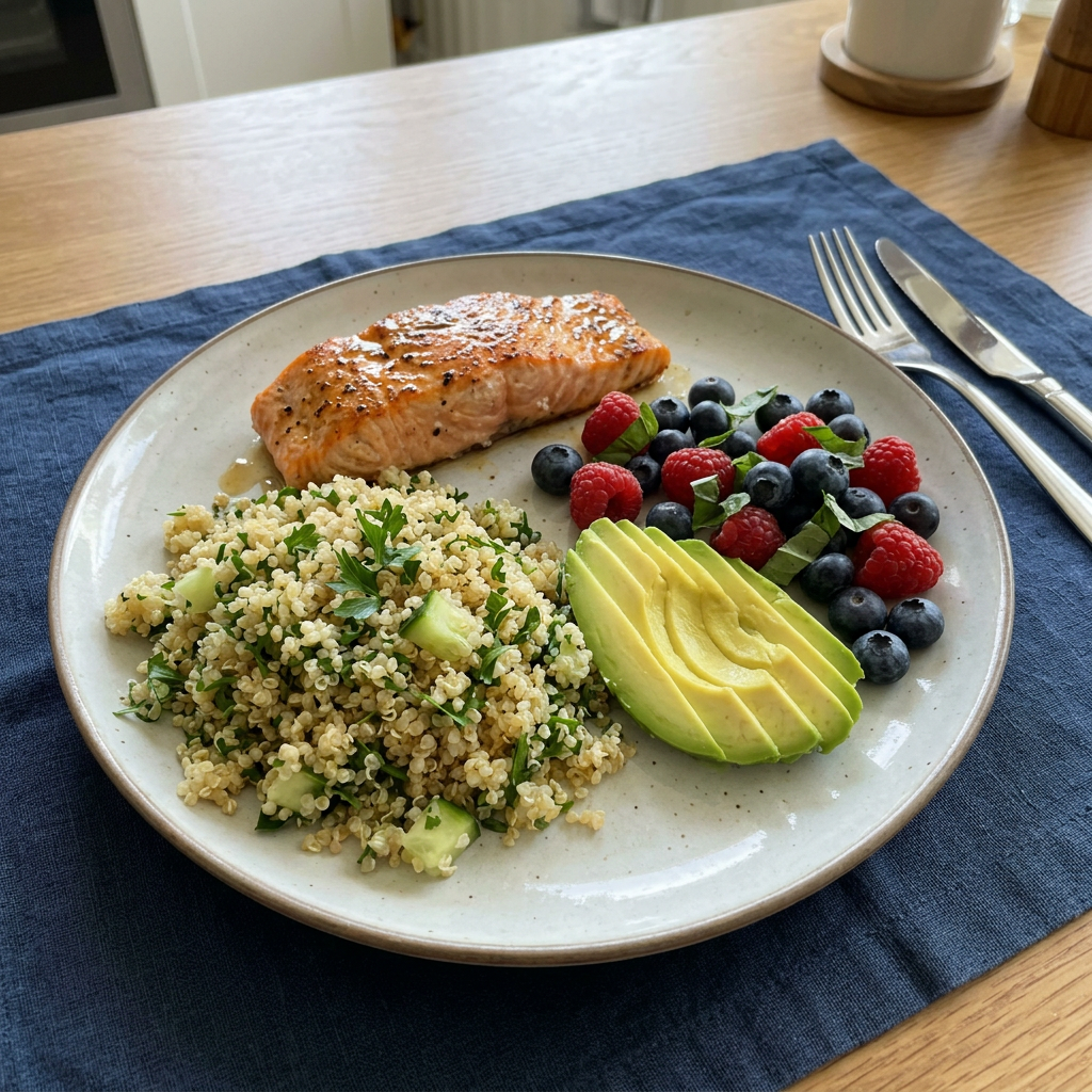 Cooked salmon fillet, quinoa salad with greens, avocado slices, and mixed berries on a plate