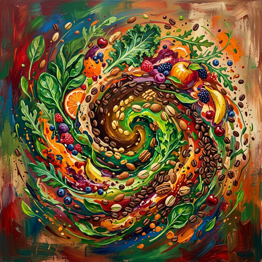 Swirling mix of fruits, nuts, coffee beans, and leafy greens in vibrant colors