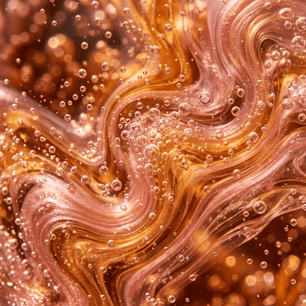Golden and pink swirling liquid with numerous small bubbles suspended throughout