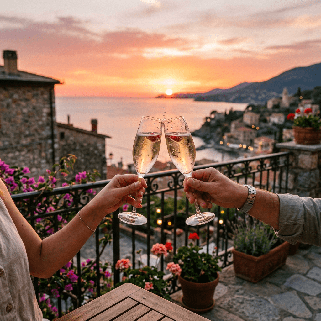 Two hands holding champagne glasses with raspberries, toasting at sunset on a terrace with flowers and a coastal town in the background