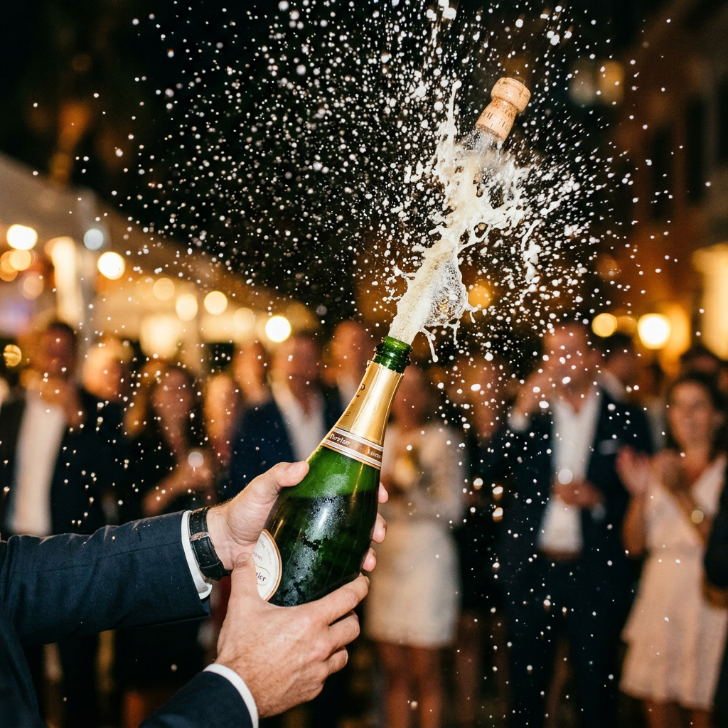 Champagne bottle being opened with cork popping and sparkling spray