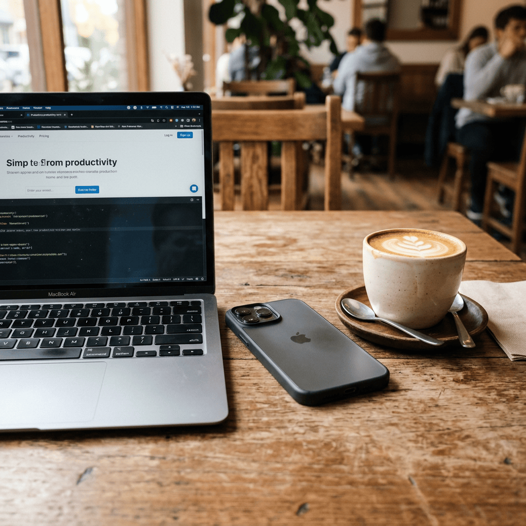 Open laptop, smartphone, and latte with foam art on rustic wooden table in cafe