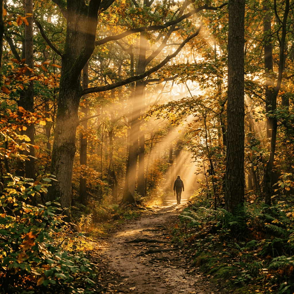 Person walking on forest trail with sunlight streaming through trees