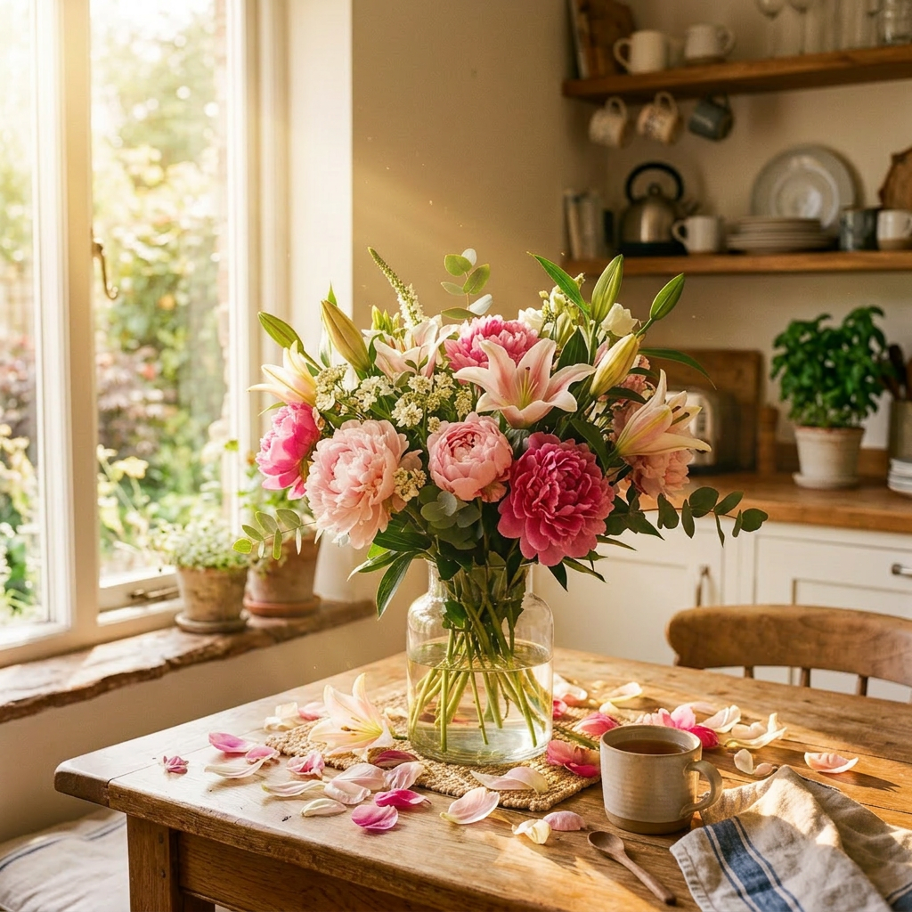 Glass vase with pink and white flowers on wooden kitchen table with scattered petals and a mug