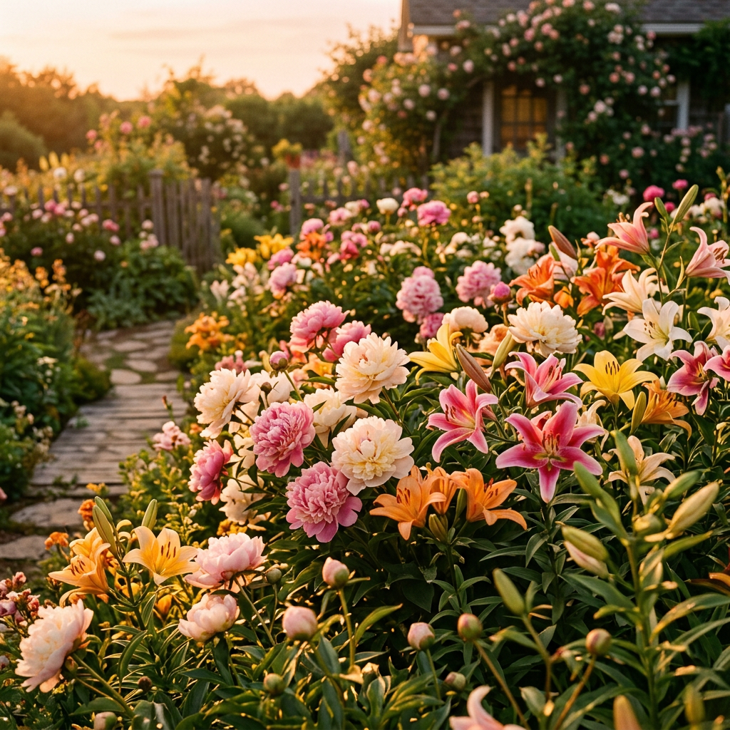 A garden with pink, white, yellow, and orange flowers in front of a cottage
