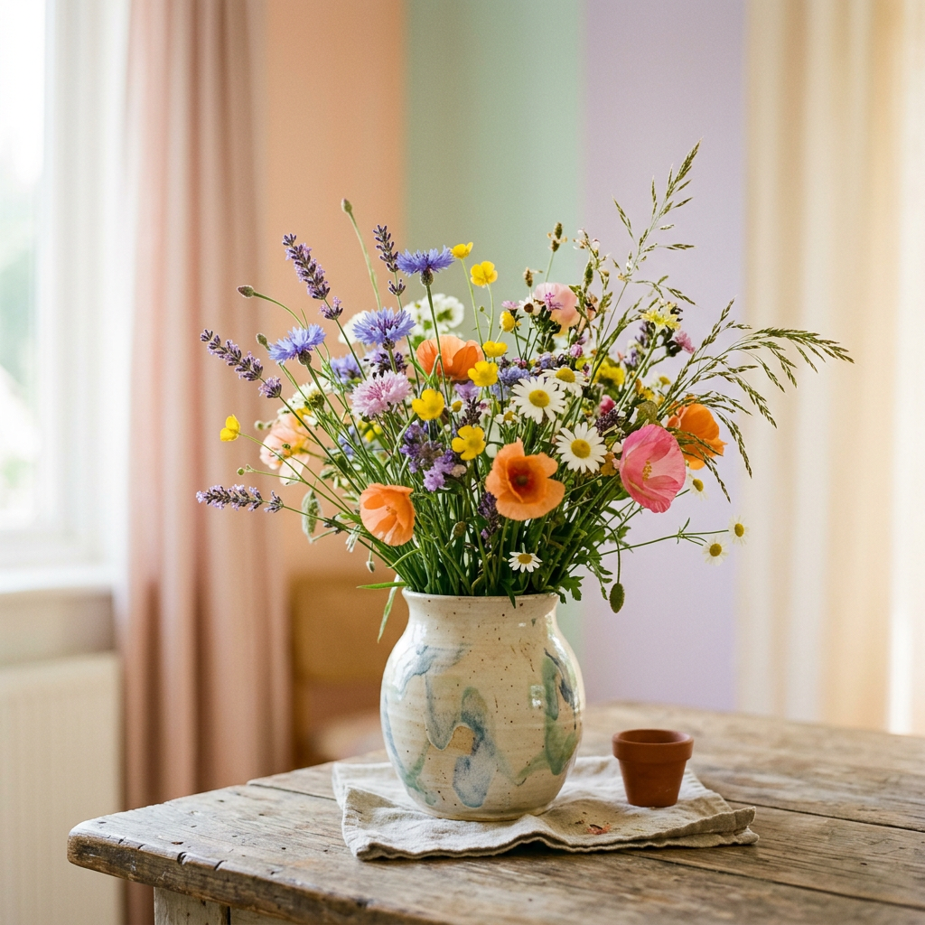 Wildflower bouquet with orange, purple, yellow, and white flowers in a ceramic vase on a wooden table