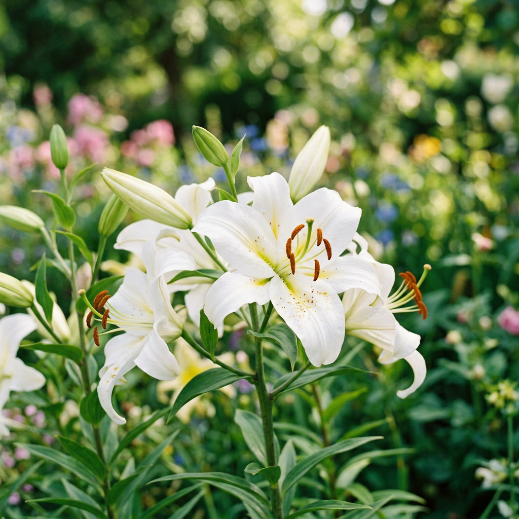Cluster of white lilies with orange stamens in a green garden