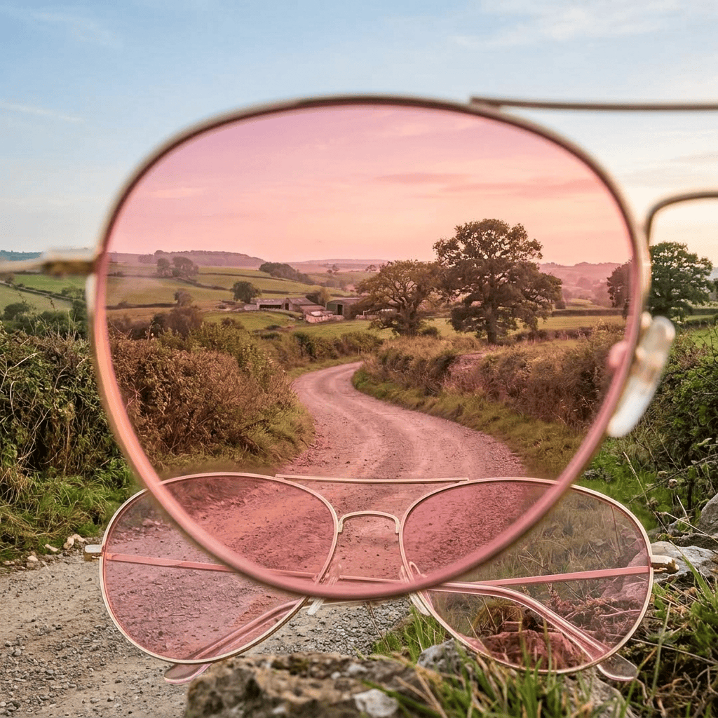 Curved dirt road and trees seen through pink-tinted sunglasses in rural landscape